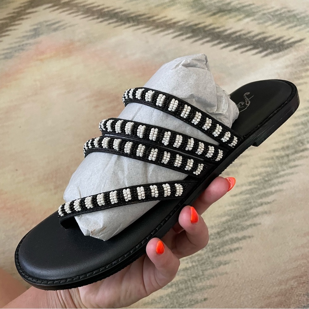 Free People Black and White Beaded Multi-Strap Slide Sandals